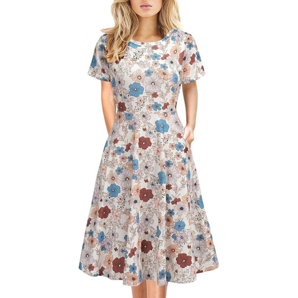 Women's Yellow White Elegant Knee Length Vintage A-Line Swing Dress with Pockets